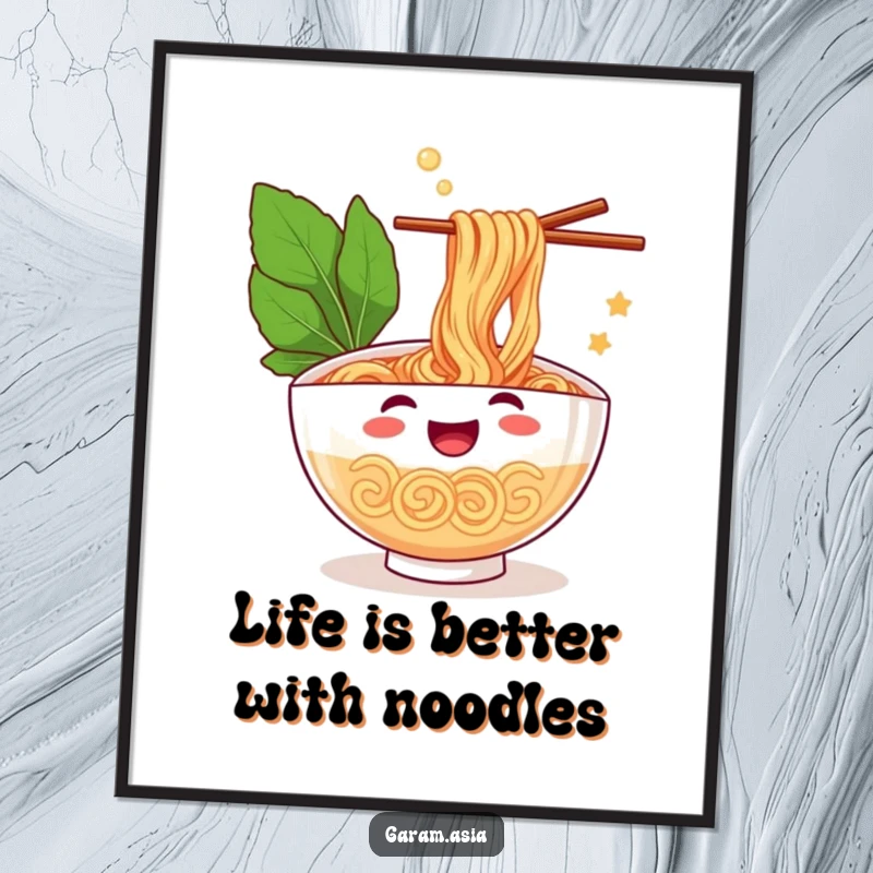 Funny Free Printable Wall Art: A cheerful bowl of ramen juggling chopsticks with immense glee. Playful and humorous decor.