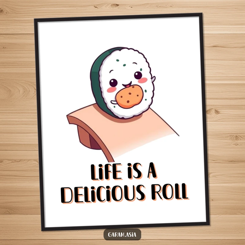 Funny Free Printable Wall Art depicting a cheerful kawaii sushi roll character in motion, rolling down a stylized ramp with a smile.