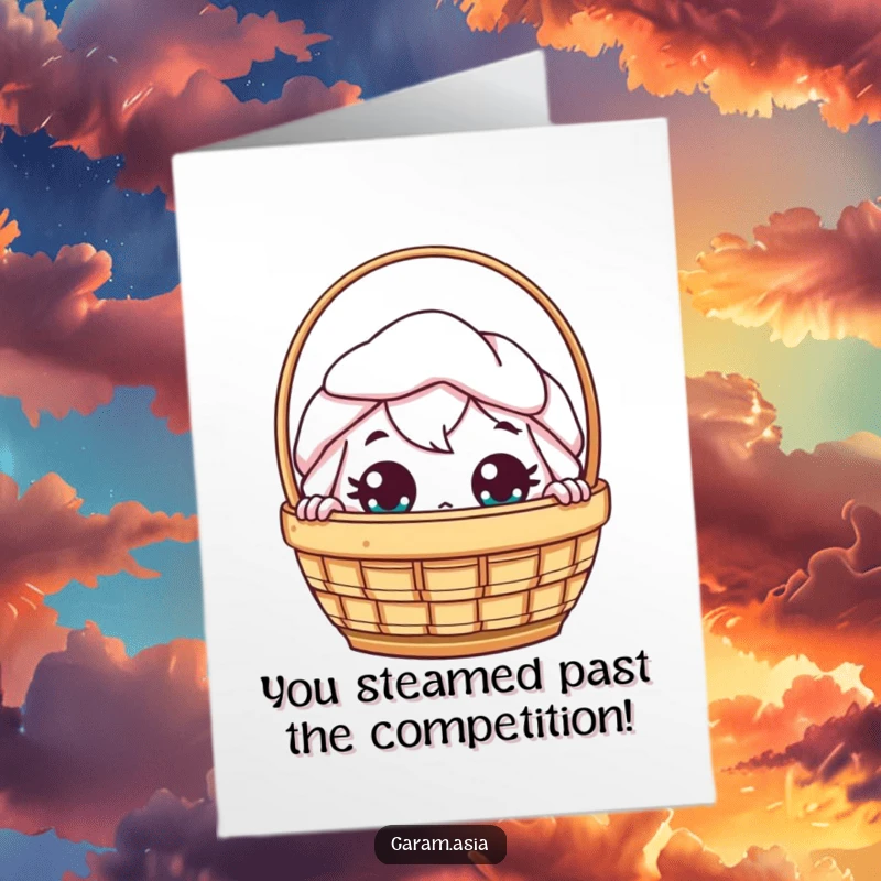 Funny Free Printable Congratulations card with a kawaii dim sum basket character peeking out with wide astonishment, perfect for big news.