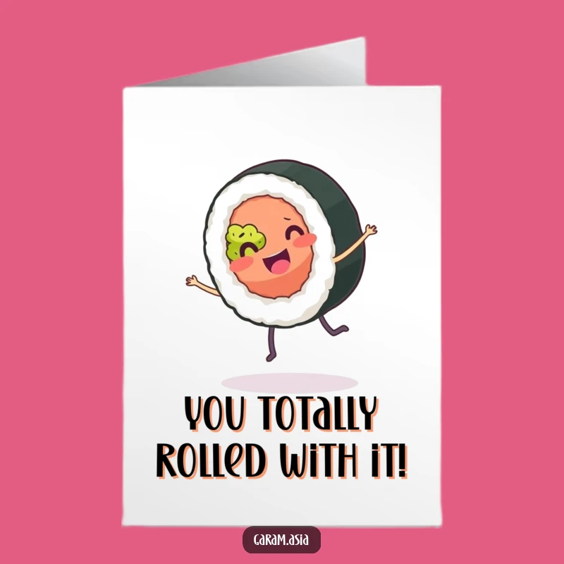 Free Printable Congrats Card: Funny Sushi Cartwheel Greeting, Humorous Downloadable Gift!