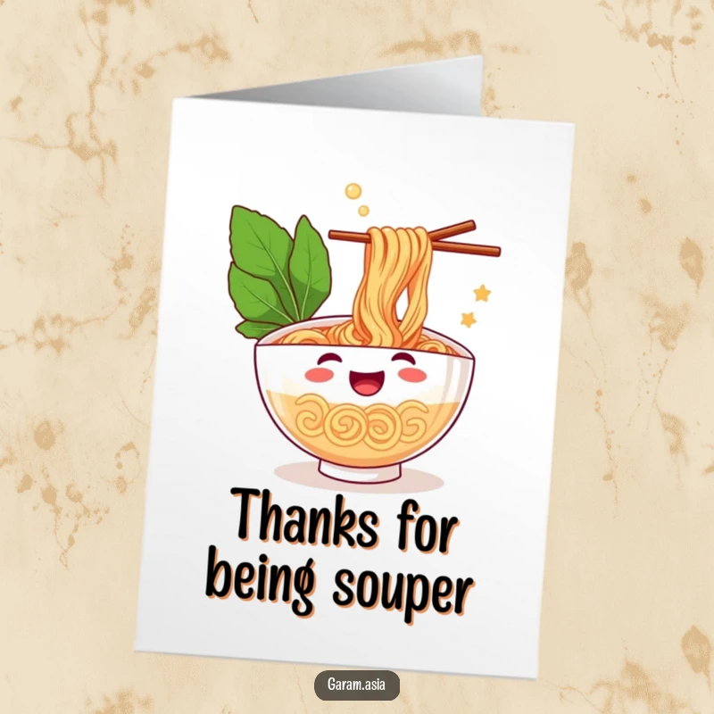 Funny Free Printable Thank You Card: A happy bowl of ramen juggling chopsticks with obvious glee. Perfect for expressing thanks.