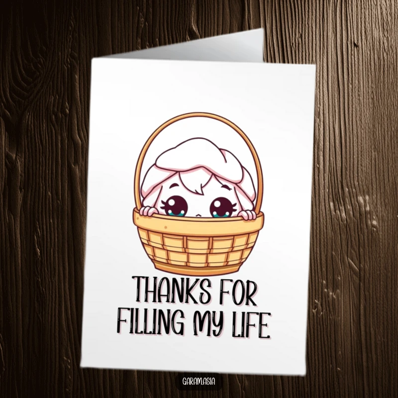 Funny Free Printable Thank You card with a kawaii dim sum basket character peeking with wide, thankful eyes, bringing a smile.