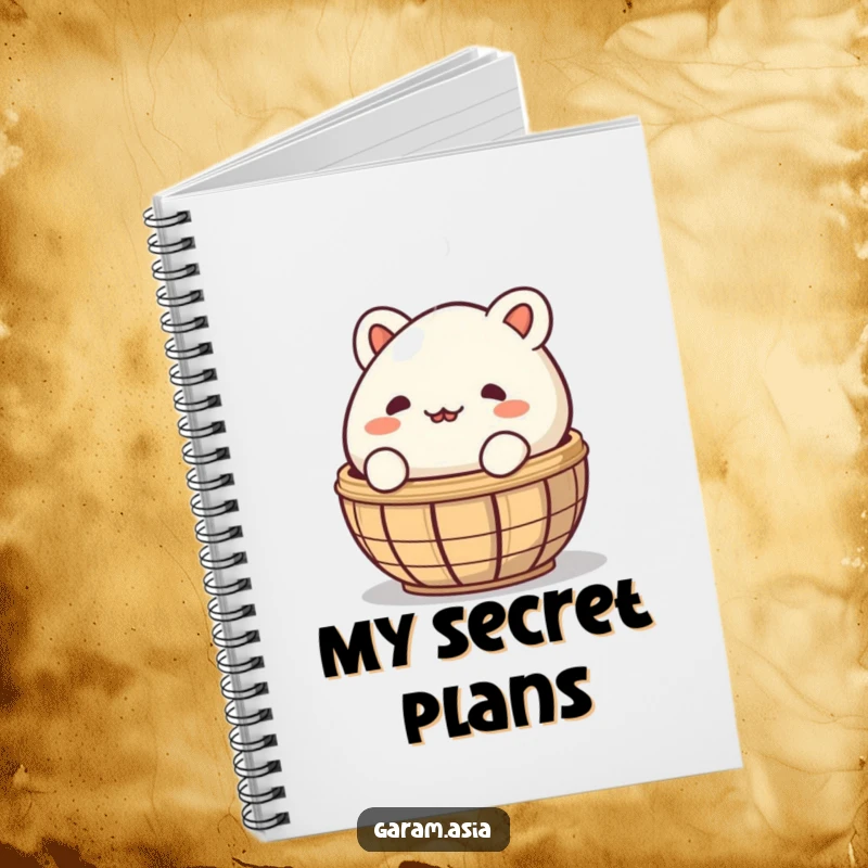 A lined notebook showcasing a funny, mischievous bao bun peeking from behind a steaming basket; ideal for capturing notes.