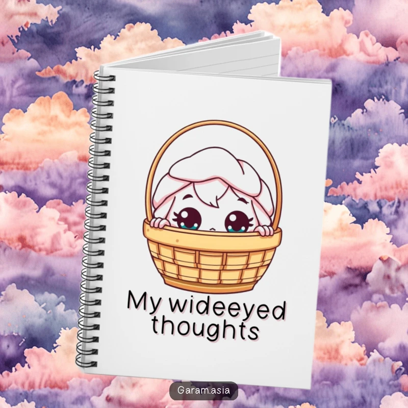 Funny kawaii dim sum basket character peeking with wide eyes on the cover of a notebook.