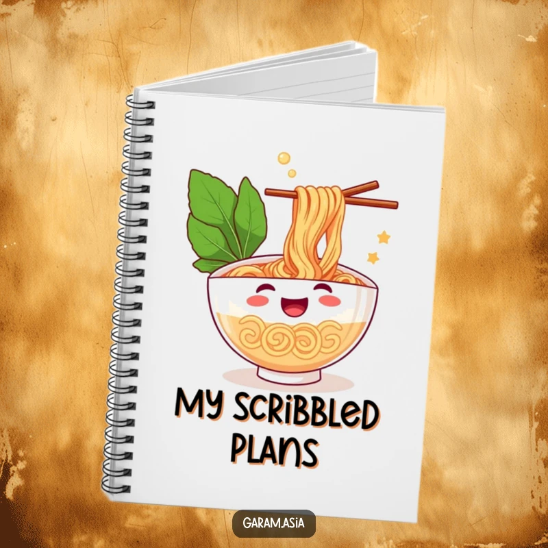 A lined notebook showcasing a funny, cheerful bowl of ramen juggling chopsticks; ideal for capturing notes and thoughts.