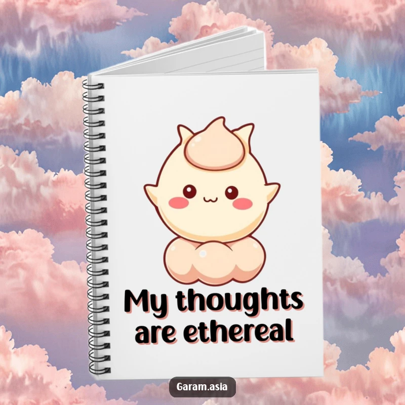 Funny notebook with a kawaii wonton character cheerfully floating on a bubble. Perfect for jotting down lighthearted ideas.