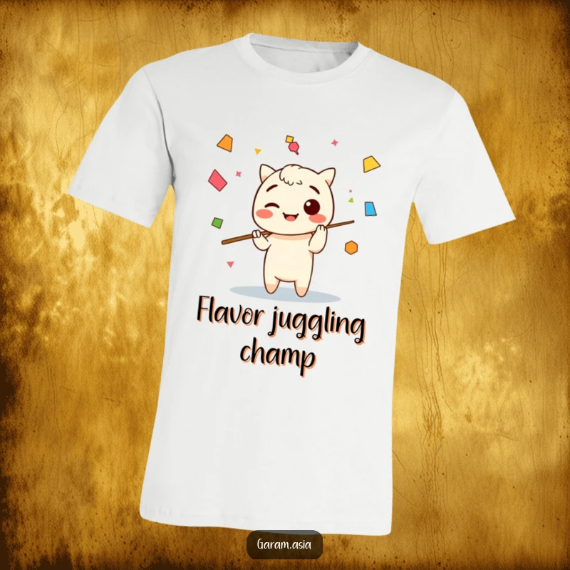 Funny T-shirt showcasing a Kawaii character made of chopsticks, energetically juggling abstract shapes with delightful flair.