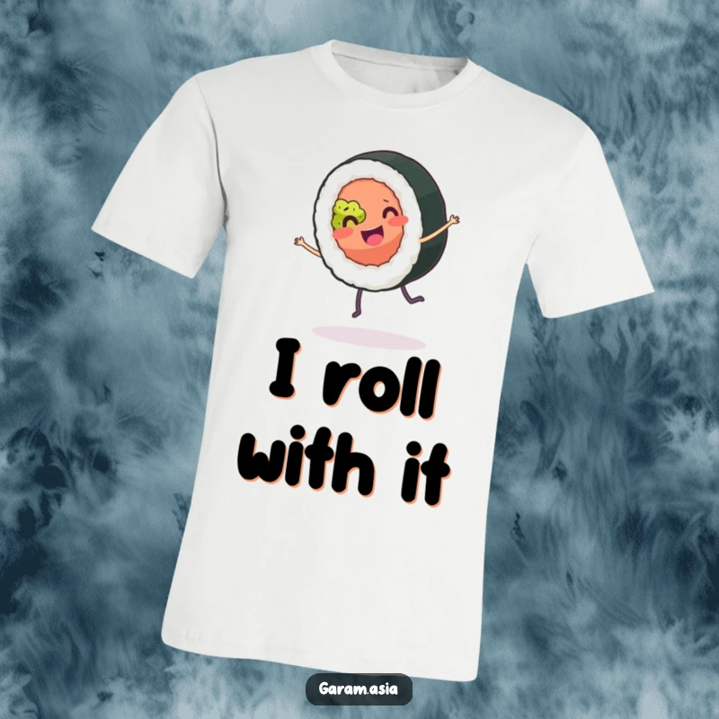 A funny t-shirt featuring a smiling sushi roll with tiny legs dynamically performing a joyful cartwheel; a fun graphic tee.