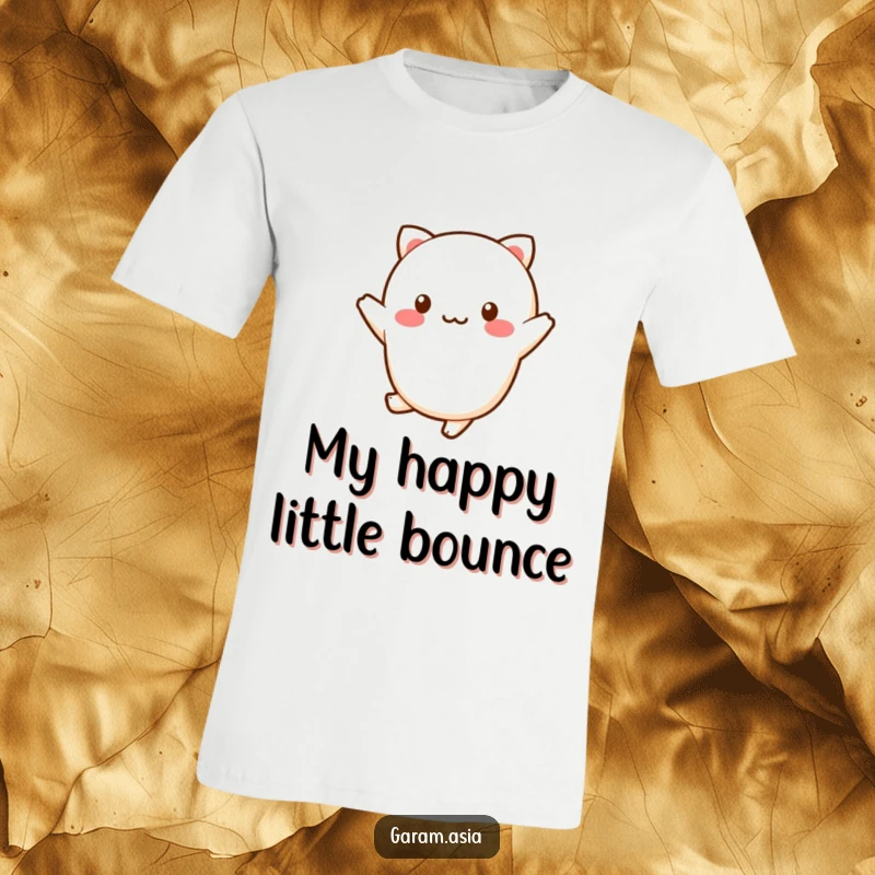 Funny kawaii wagashi character performing a cheerful hop on a comfortable t-shirt.