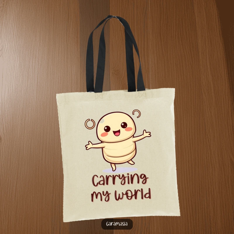 Funny tote bag showcasing a kawaii spring roll character in a delightful twirling motion. A charming and funny accessory.