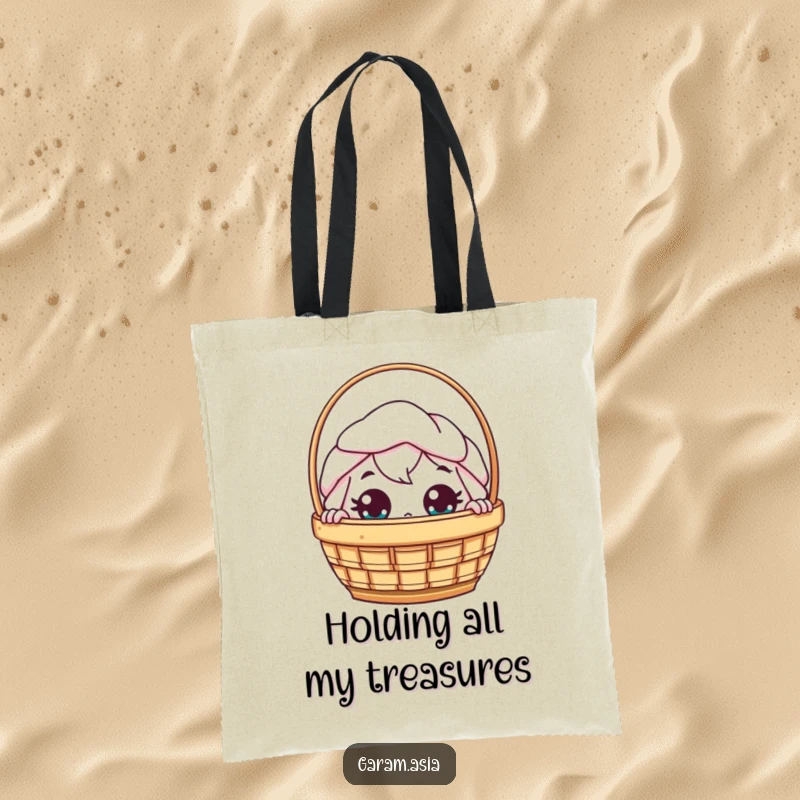 Funny kawaii dim sum basket character peeking with wide eyes on a durable tote bag.