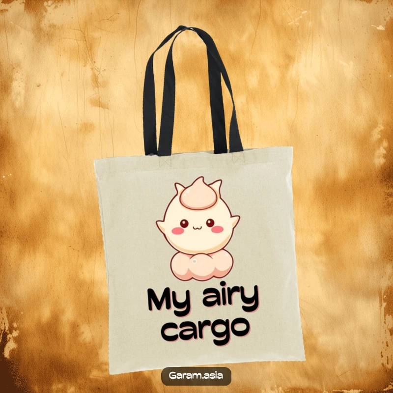 Funny tote bag depicting a kawaii wonton character floating happily on a bubble. A charming and funny accessory.